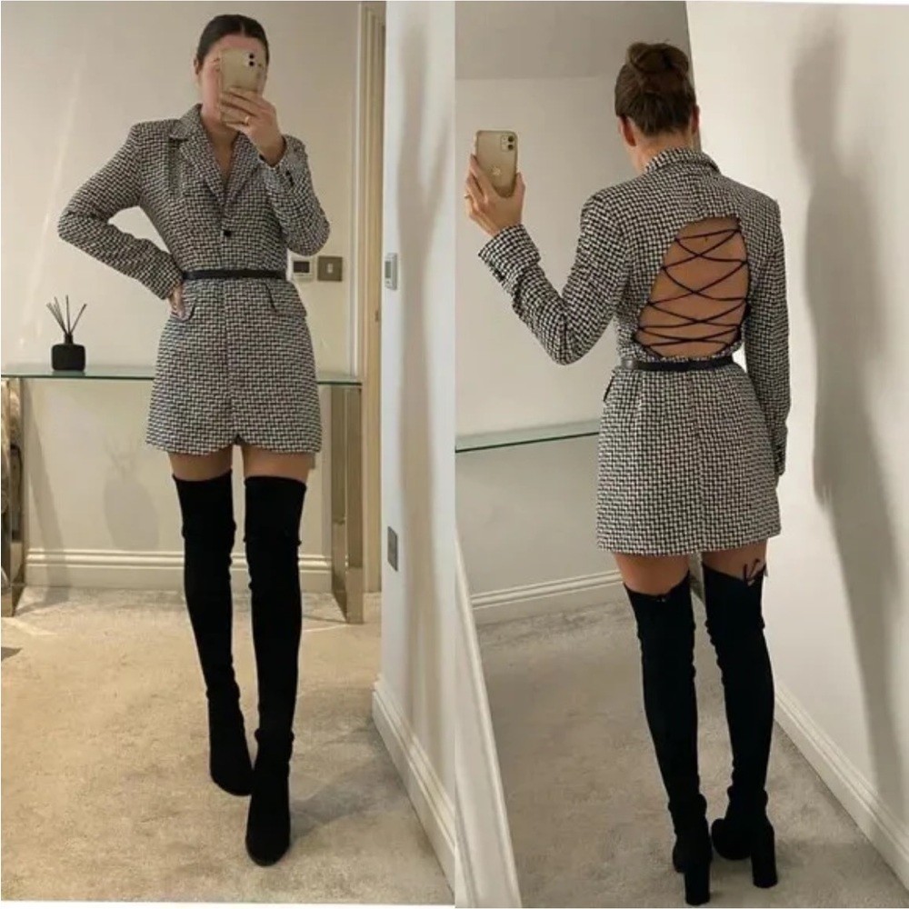 LAST NWT ZARA AW21 BLACK / WHITE HOUNDSTOOTH BLAZER DRESS